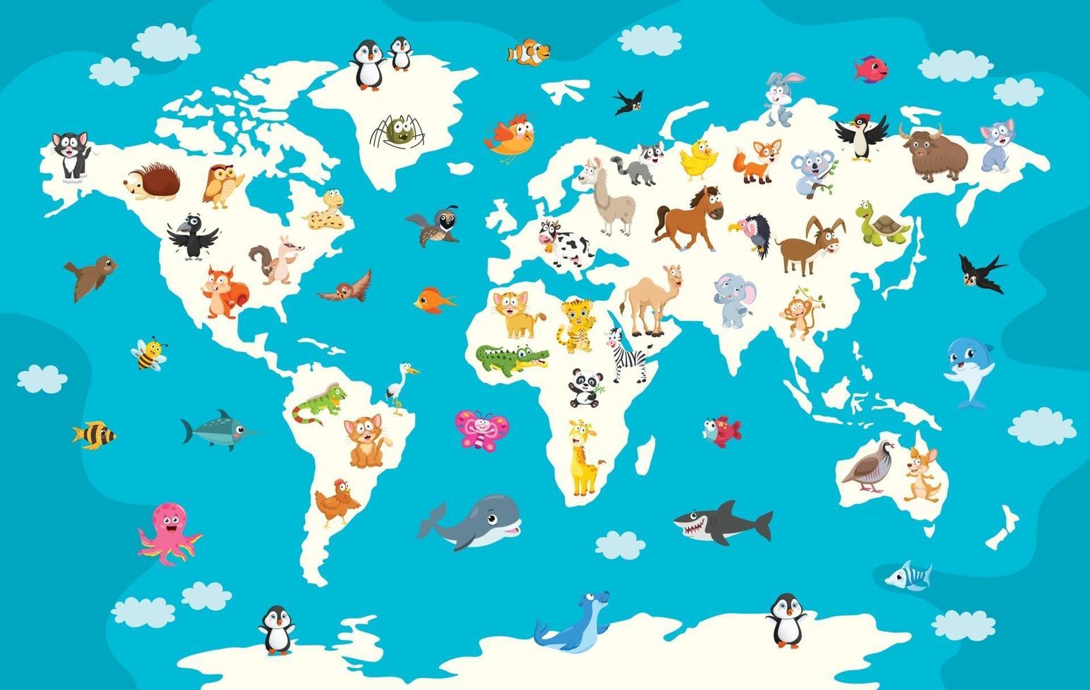 mapa del mundo con animales de dibujos animados vector