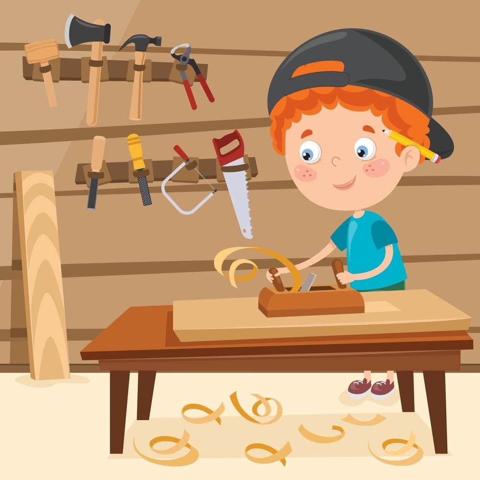 Little Cartoon Carpenter Working With Woods vector