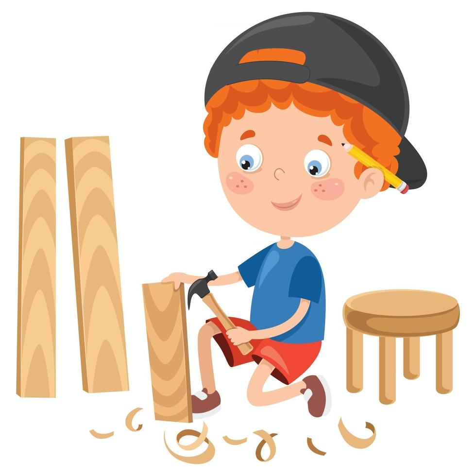 Little Cartoon Carpenter Working With Woods vector