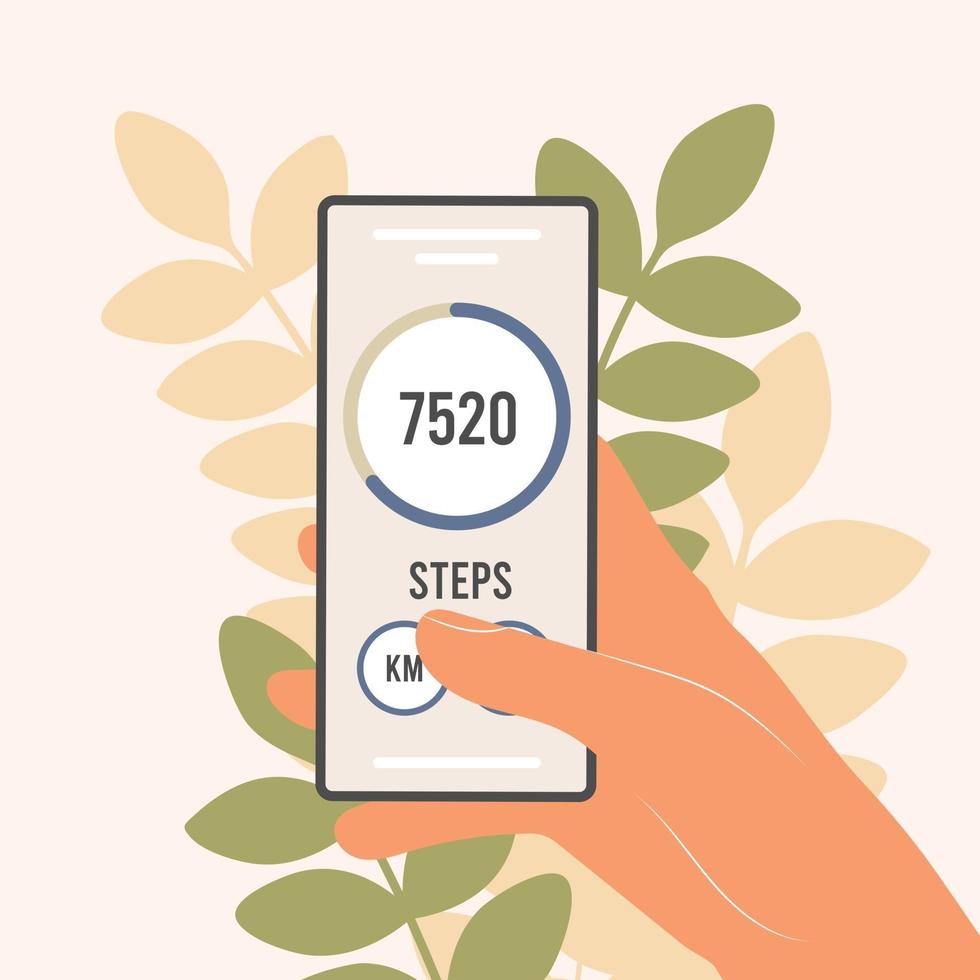 Pedometer in a mobile phone An application that counts steps and tracks your walking progress vector