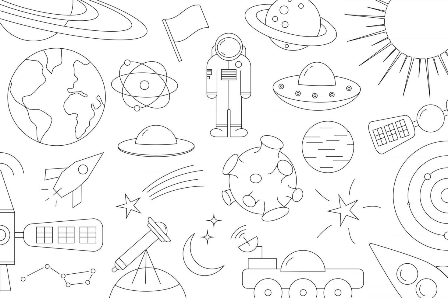 Modern pattern of planet star comet with different rockets Universe line drawings Cosmos vector
