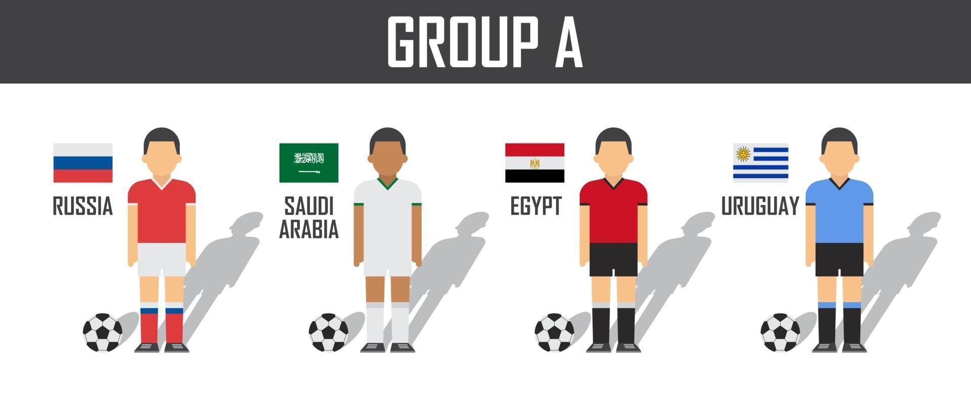 copa de fútbol 2018 equipo grupo a. futbolistas con uniforme de camiseta y banderas nacionales. vector para el torneo del campeonato mundial internacional.