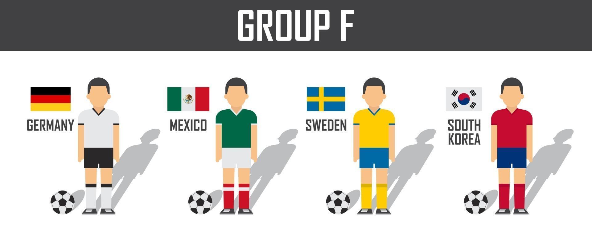 Soccer cup 2018 team group F . Football players with jersey uniform and national flags . Vector for international world championship tournament .