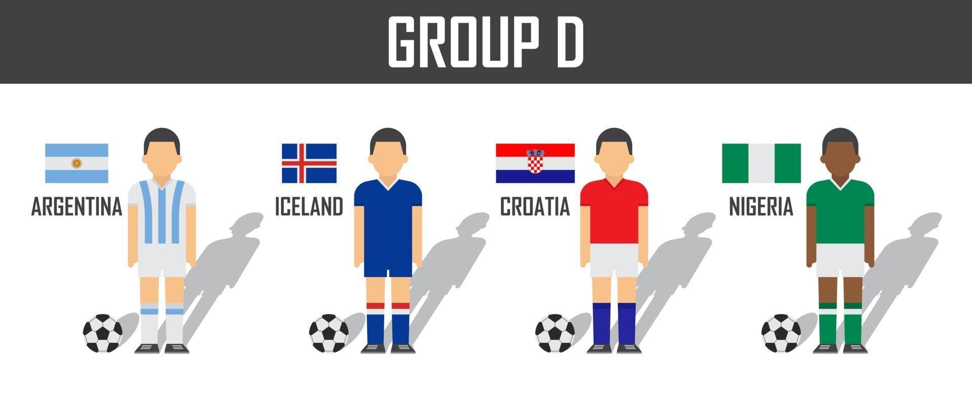 copa de fútbol 2018 equipo grupo d. futbolistas con uniforme de camiseta y banderas nacionales. vector para el torneo del campeonato mundial internacional.