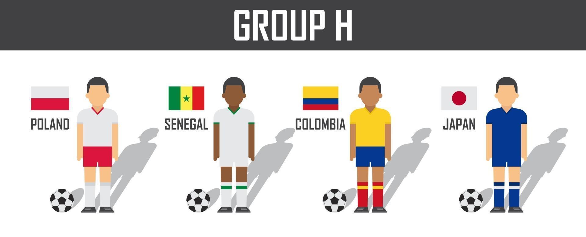 copa de fútbol 2018 equipo grupo h. futbolistas con uniforme de camiseta y banderas nacionales. vector para el torneo del campeonato mundial internacional.