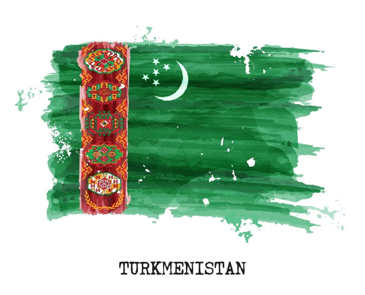 Watercolor painting flag of Turkmenistan . Vector .
