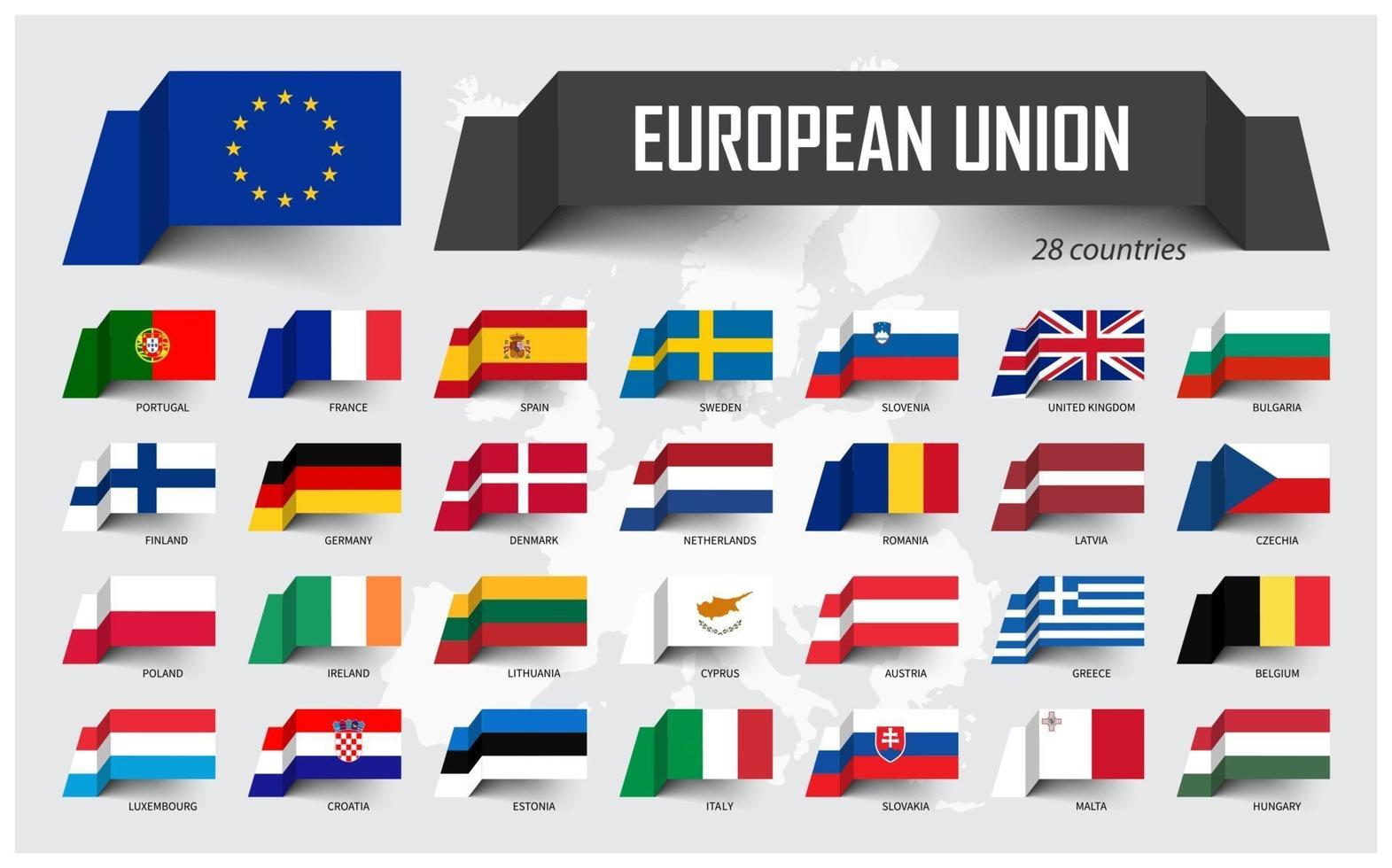 European Union . EU and membership . Association of 28 countries . Floating paper flag design on Europe map background . Vector .