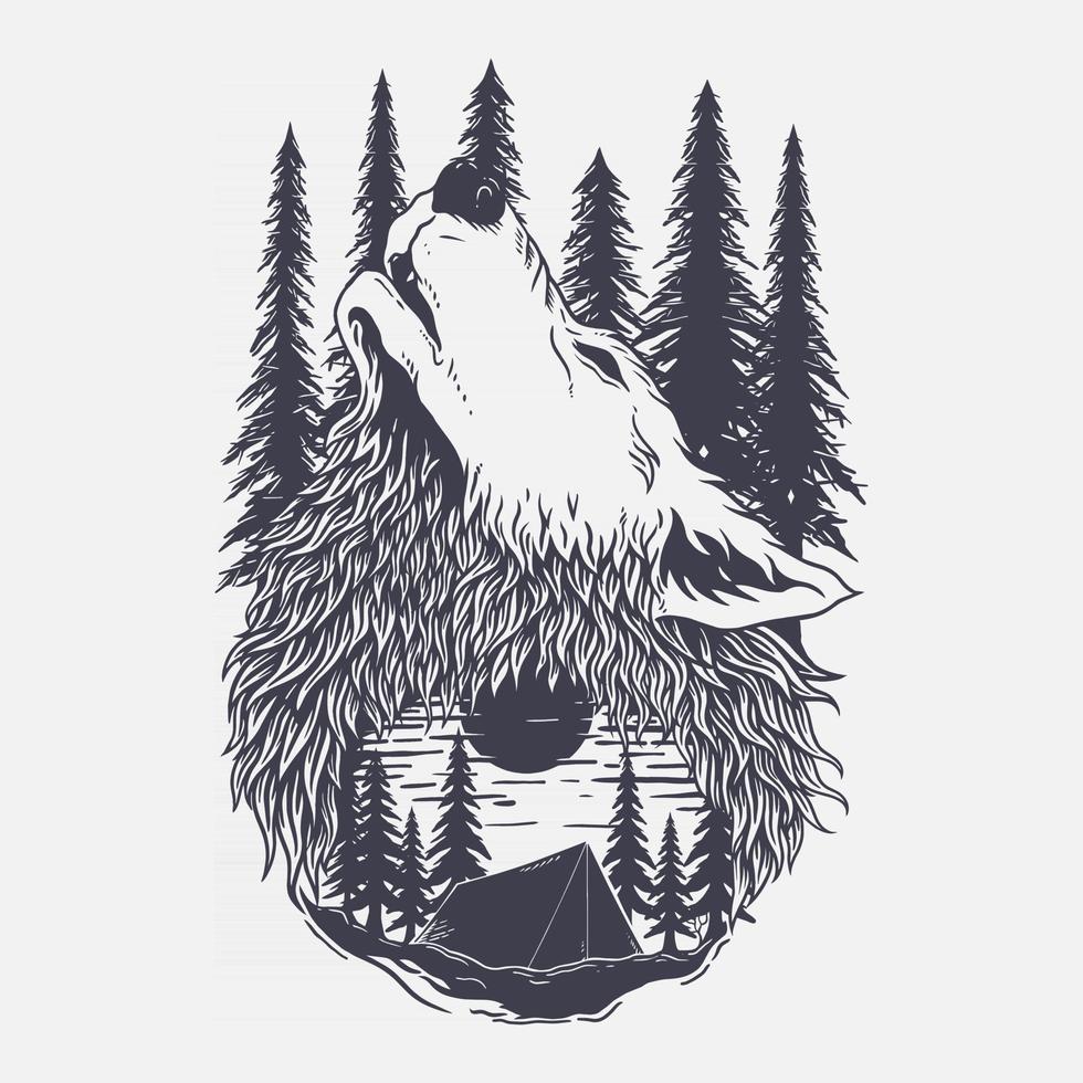 illustration of mauntain, forest and wolf vector