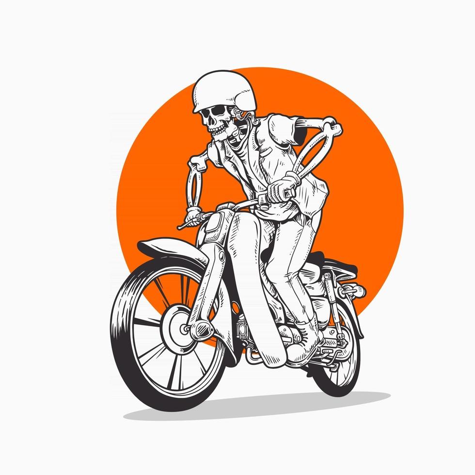 skull riding classic motorbike,premium vector