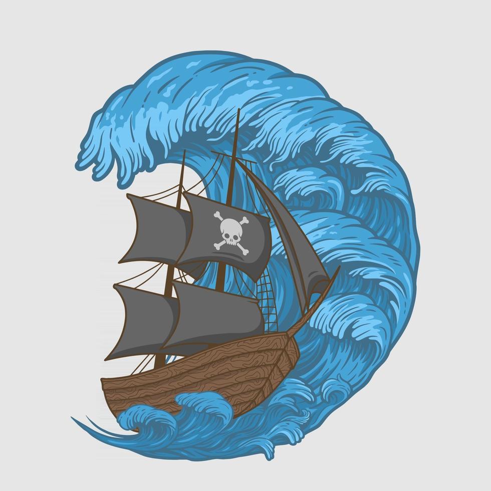 Ilustración piratas nave en olas vector premium