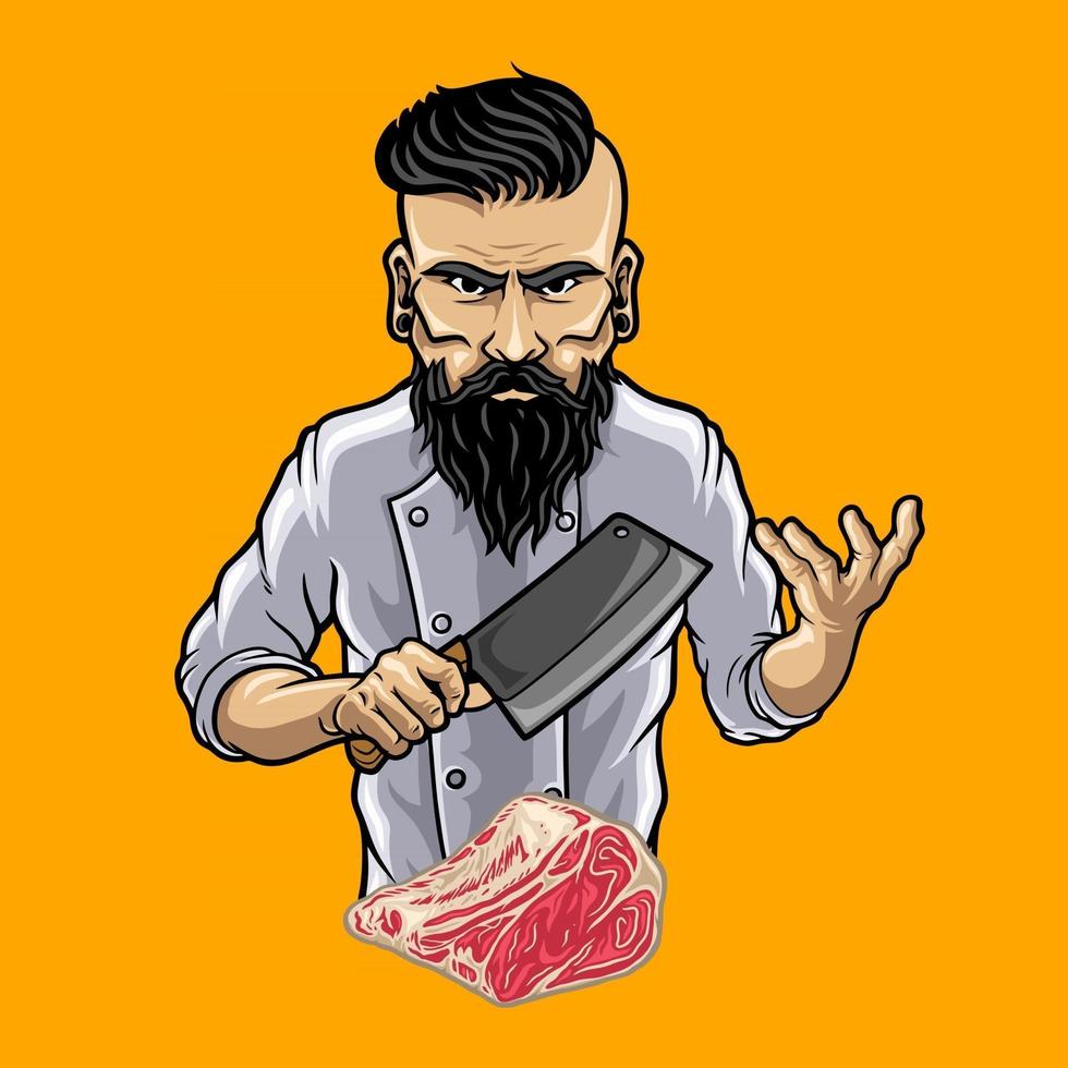 character chef holding butcher knife,premium vector