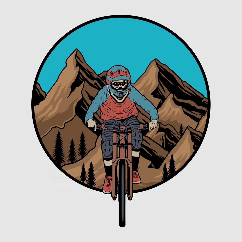 vector insignia de ciclismo de montaña cuesta abajo, etiqueta con el ciclista en una bicicleta. ilustración cuesta abajo vector premium