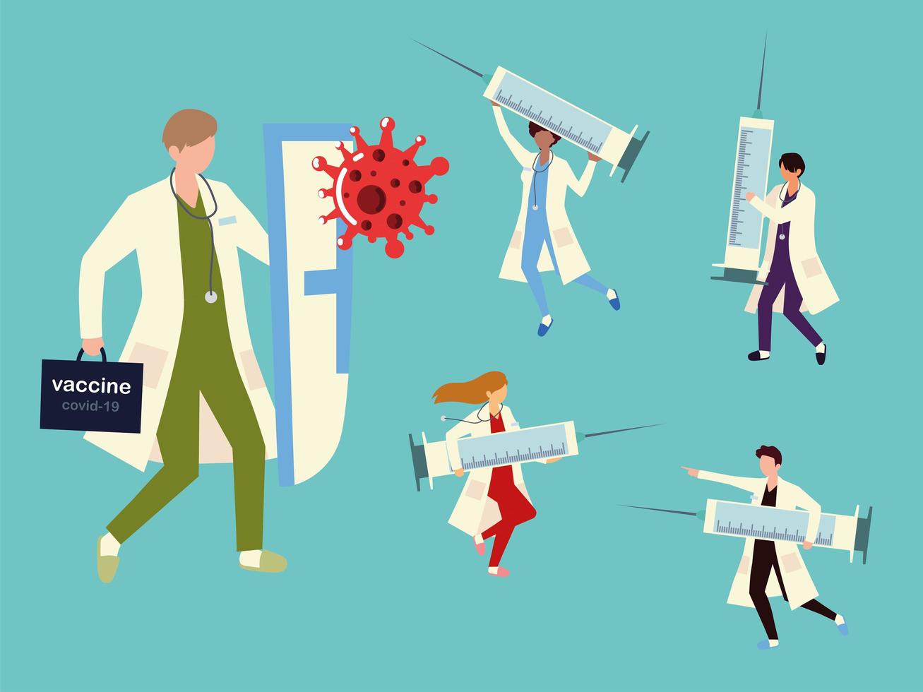 doctors fighting with coronavirus using vaccine injection vector