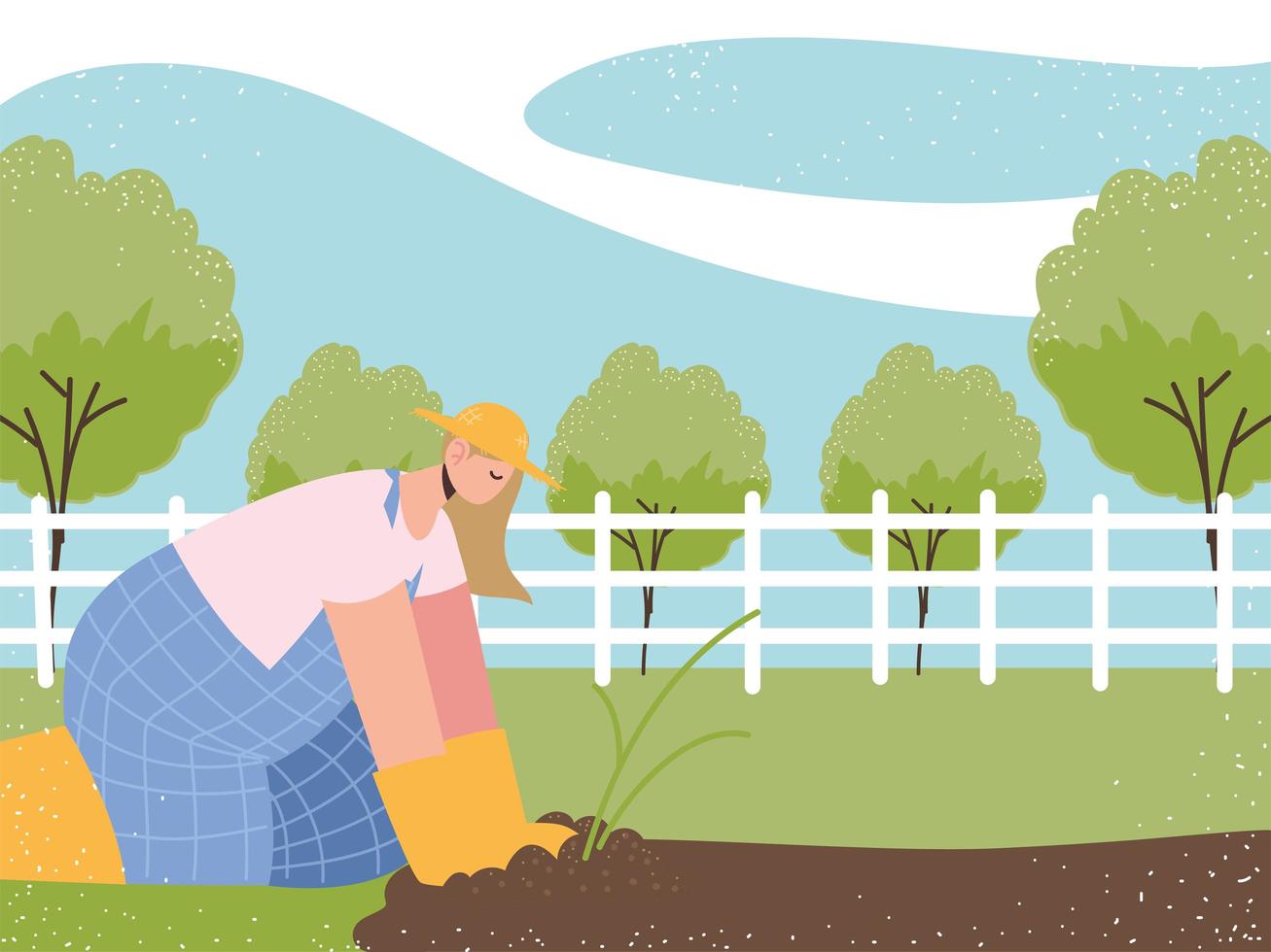 farm and agriculture female farmer planting work farmland field landscape vector