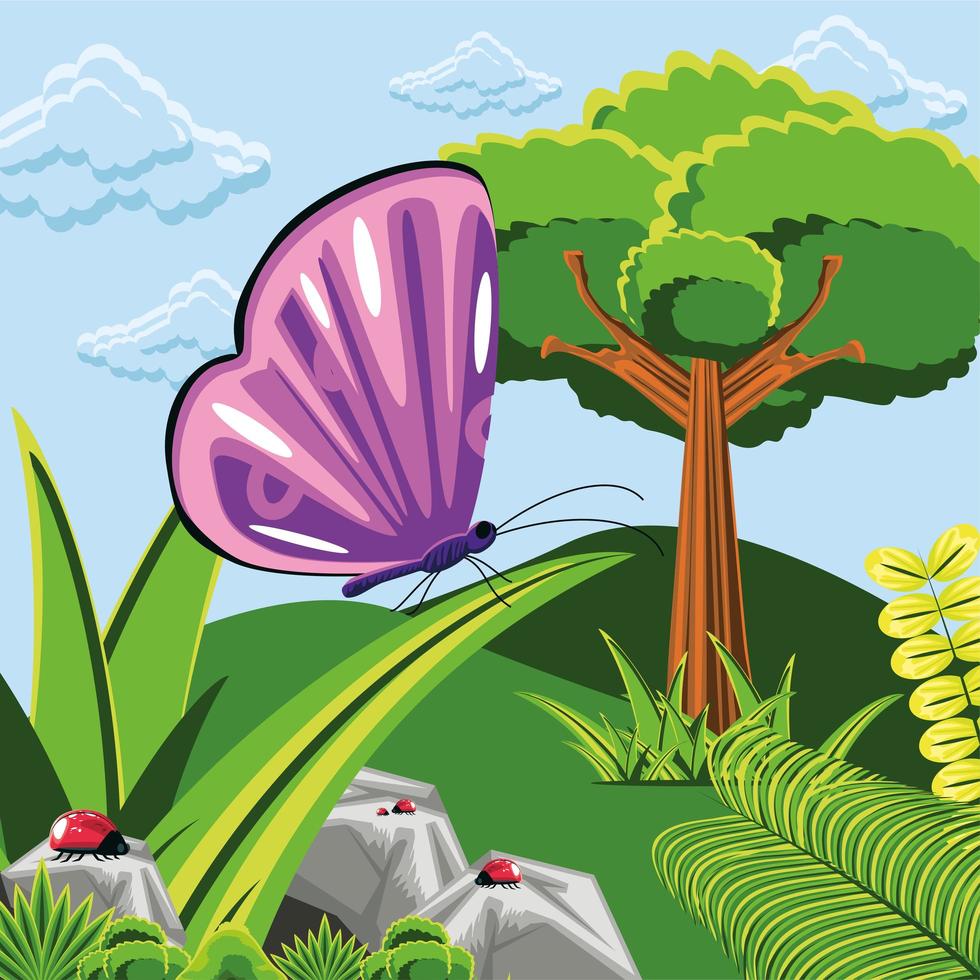 árbol, mariquitas y mariposas vector