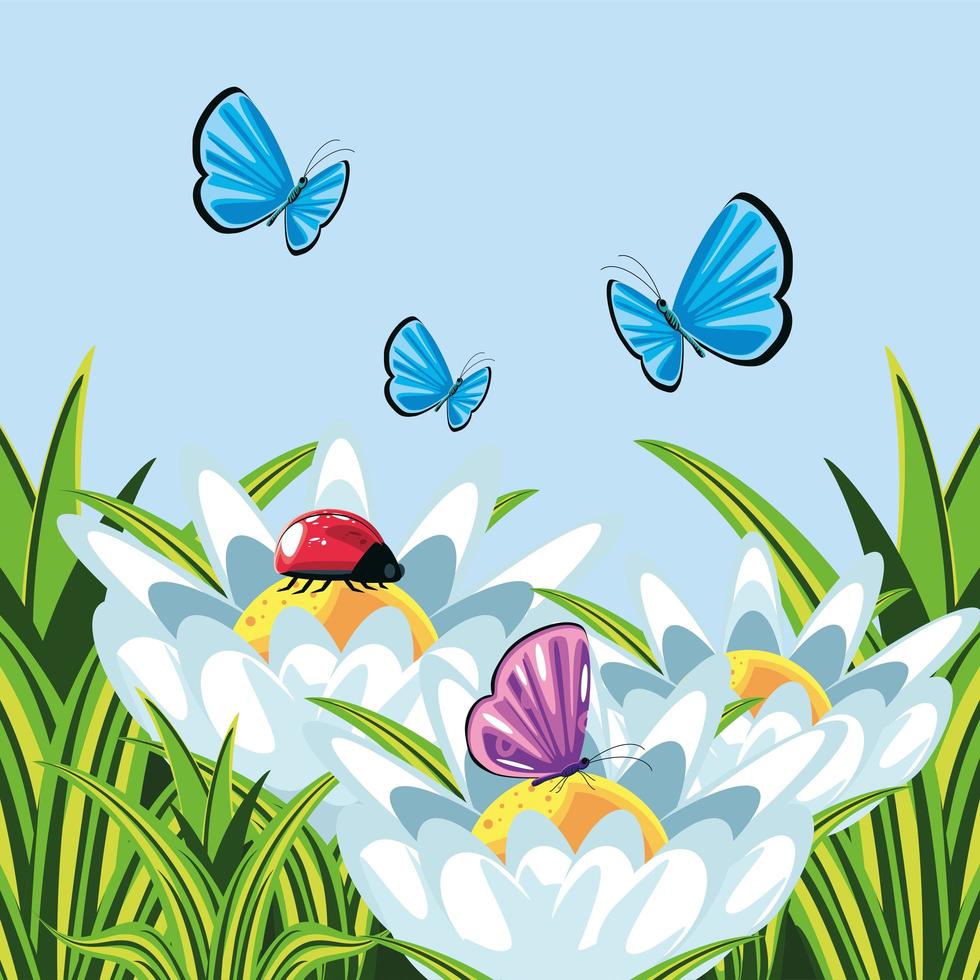 paisaje, mariposas y pasto vector