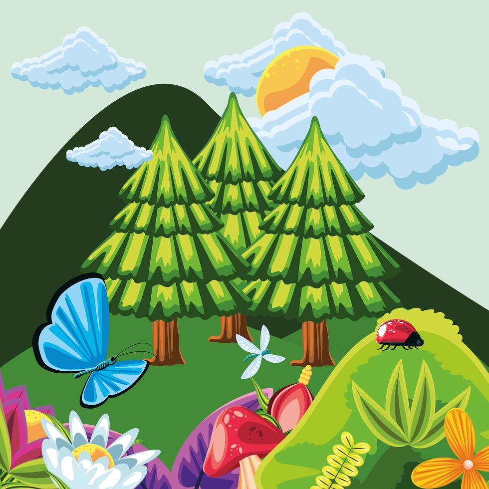 forest with flowers and insects vector