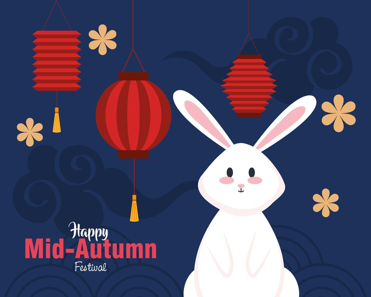 festival chino del medio otoño con conejo, linternas colgando, flores y nubes vector