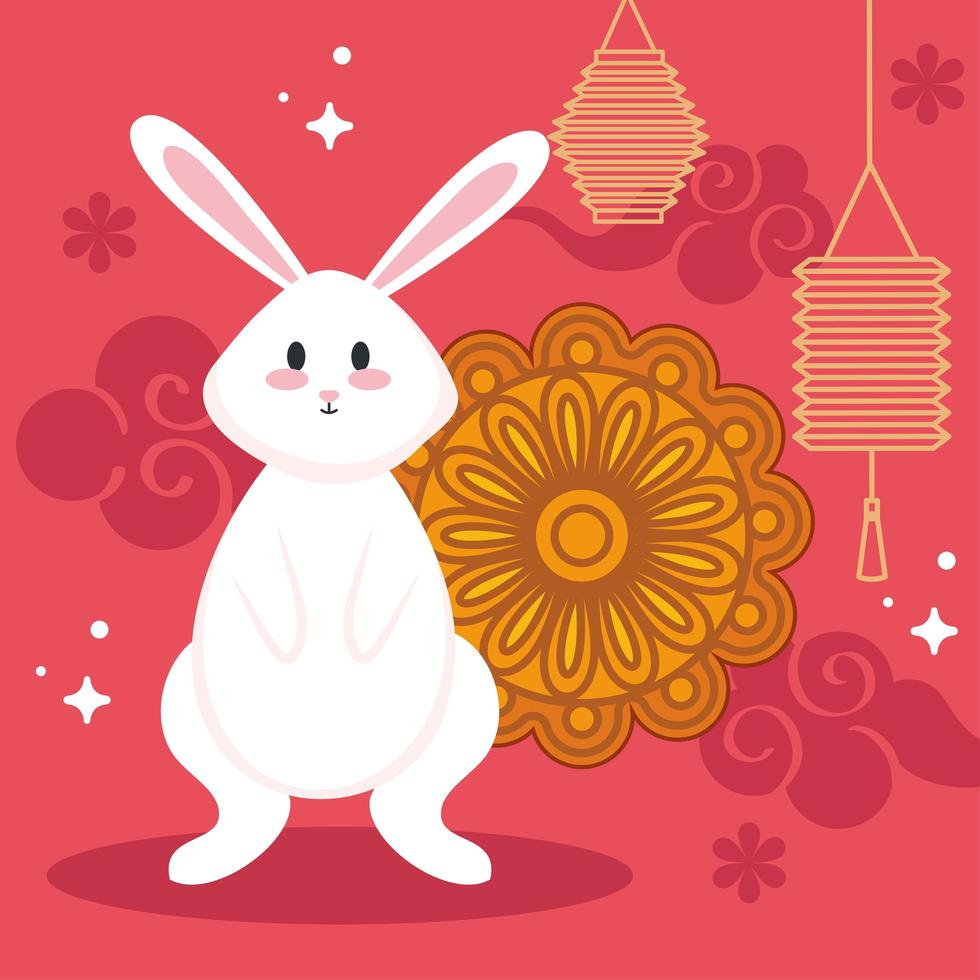 chinese mid autumn festival with rabbit, mooncake, flowers lanterns hanging and clouds vector