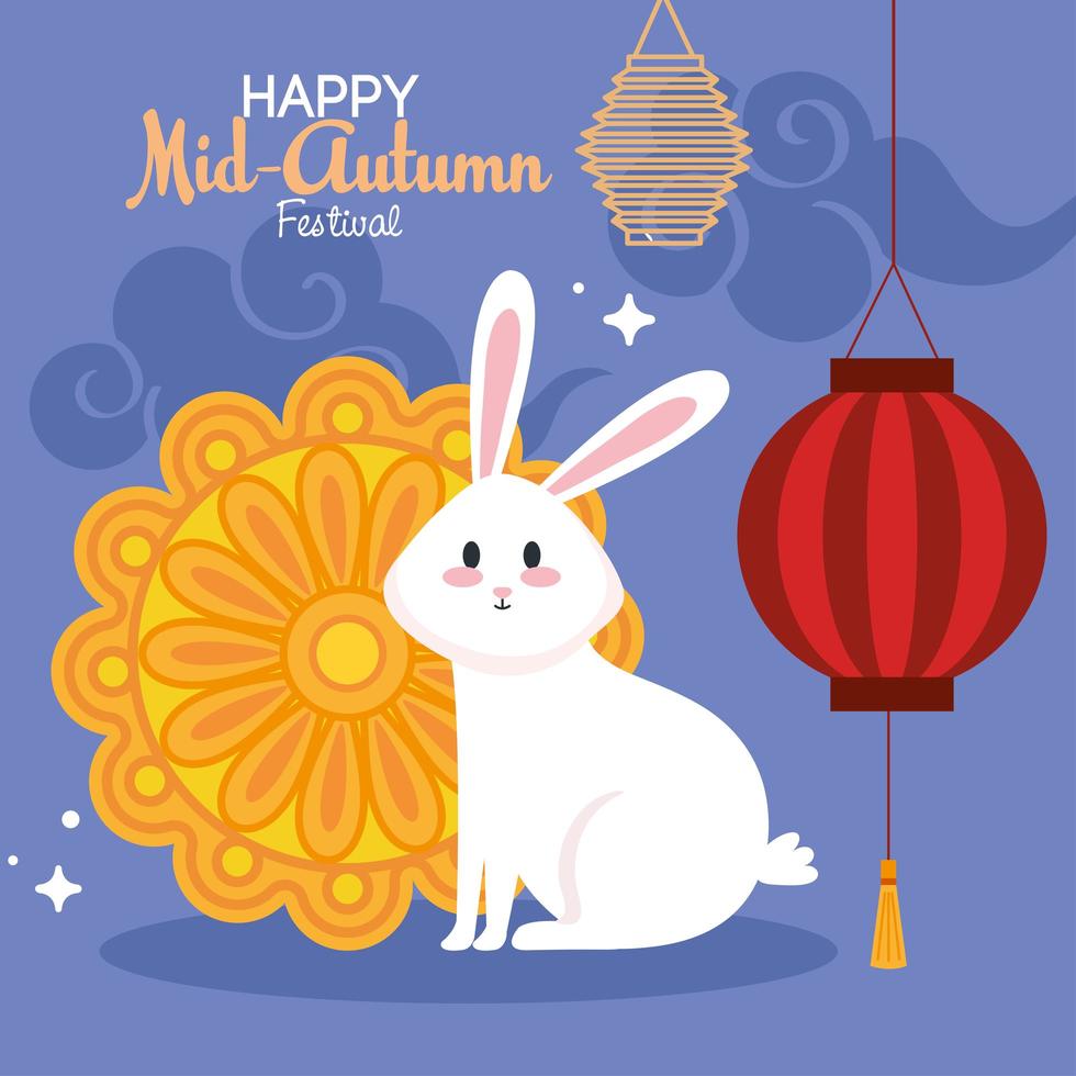 festival chino del medio otoño con conejo, pastel de luna, linternas colgando y nubes vector