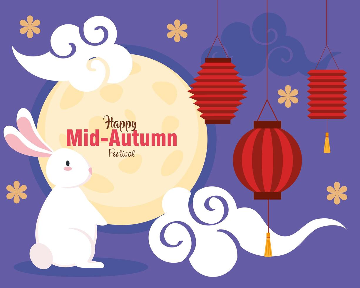 chinese mid autumn festival with full moon, rabbit and decoration