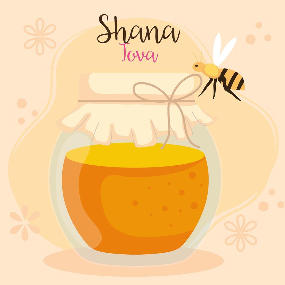 celebración de rosh hashaná, año nuevo judío, con botella de miel y abejas volando vector