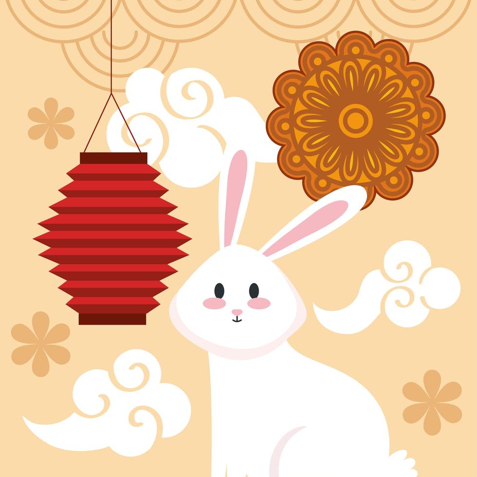 chinese mid autumn festival with bunny, lantern hanging, mooncake, flowers and clouds vector