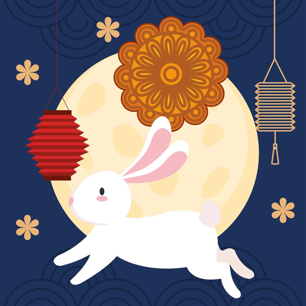 festival chino del medio otoño con conejo saltando y decoración vector