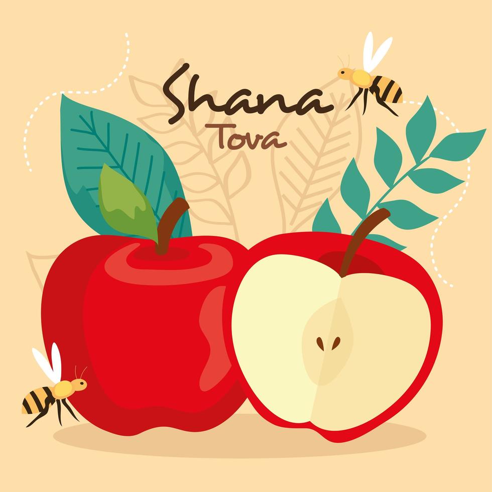 rosh hashanah celebration, jewish new year, with apple, leaves and bees flying vector