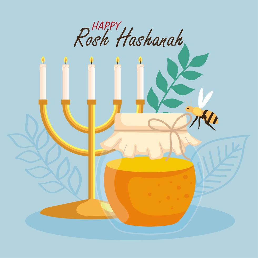 rosh hashanah celebration, jewish new year, with bottle honey, chandelier and bee flying vector