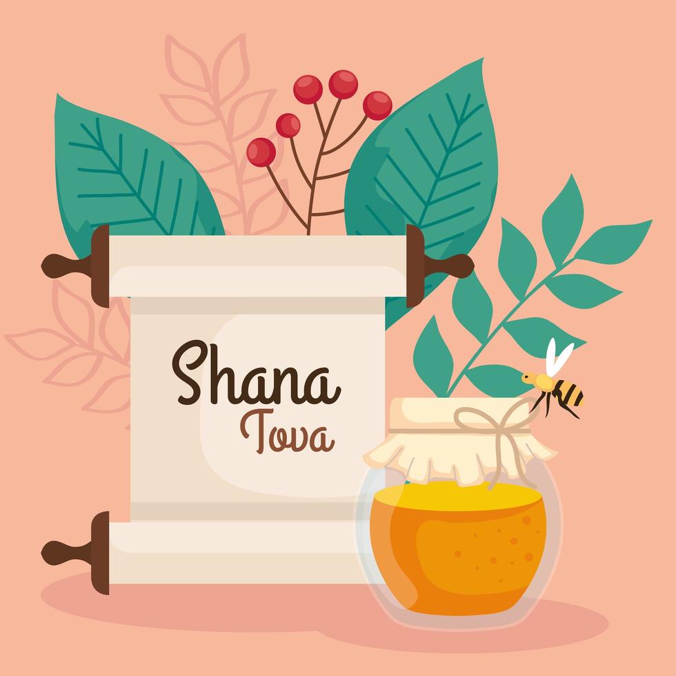 rosh hashanah celebration, jewish new year, with bottle honey, bee flying and leaves decoration vector