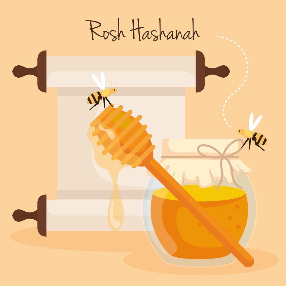 celebración de rosh hashaná, año nuevo judío, con botella de miel y abejas volando vector