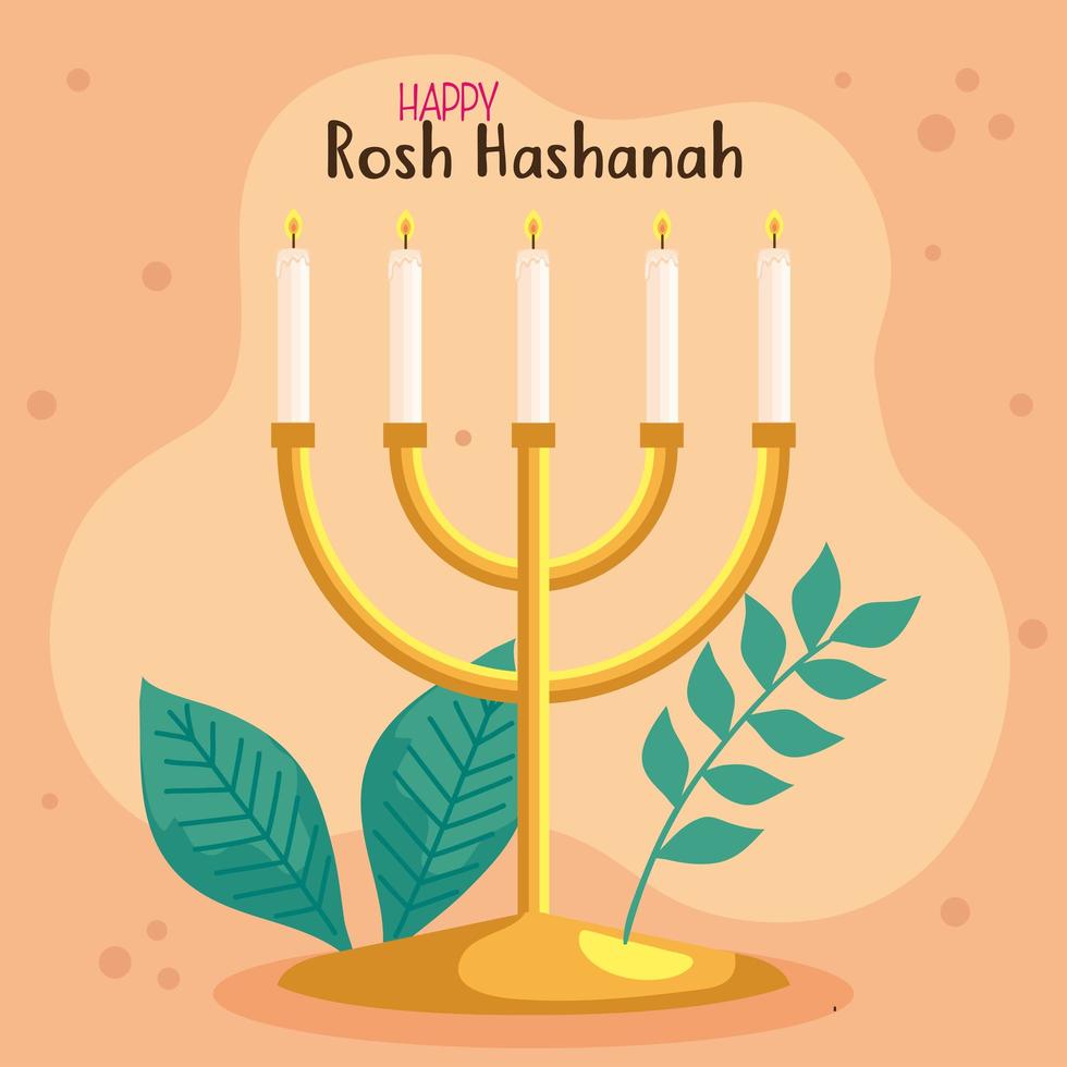 celebración de rosh hashaná, año nuevo judío, con candelabro y decoración de hojas vector