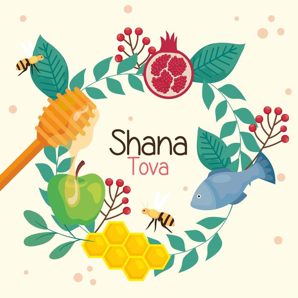 rosh hashanah celebration, jewish new year, with round frame leaves and decoration traditional vector