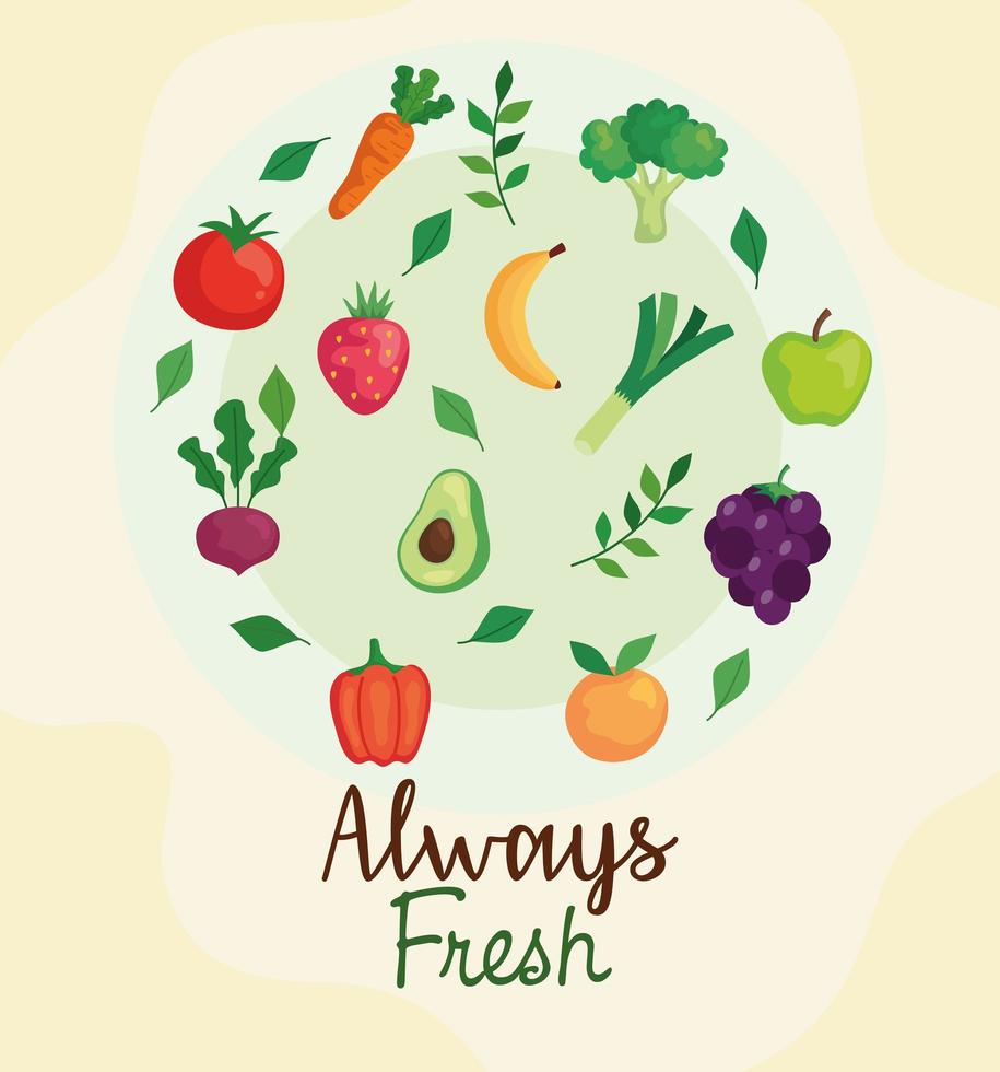 banner fruits and vegetables always fresh, concept of healthy food vector