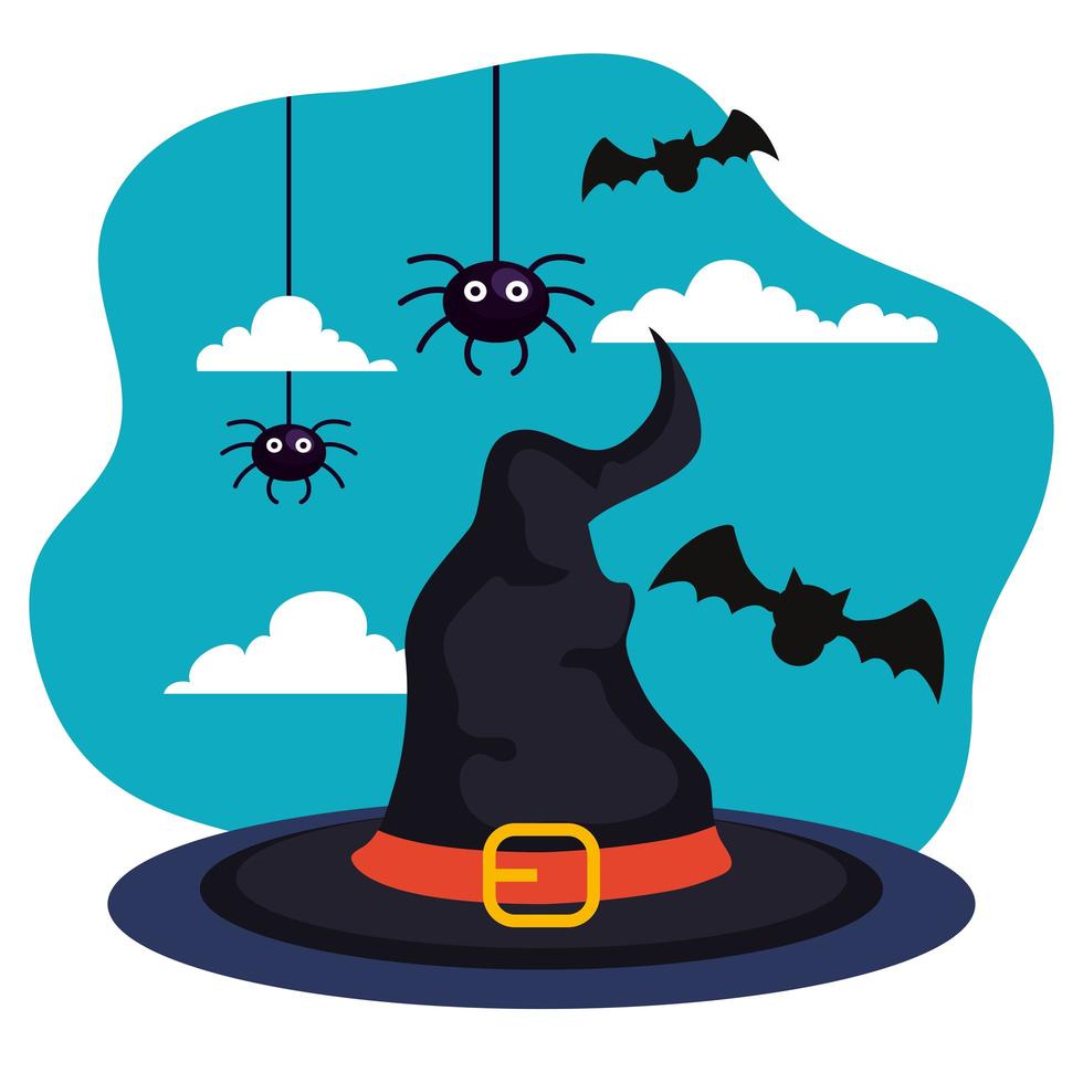 Banner de feliz halloween con sombrero de bruja, arañas y murciélagos volando vector