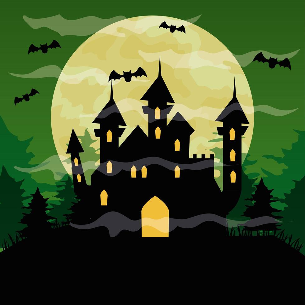 Fondo de feliz halloween con castillo embrujado, murciélagos volando y luna llena en el cielo verde vector