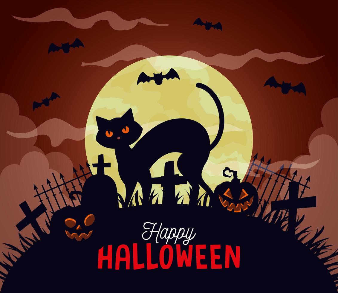 feliz halloween fondo con gato, calabazas, murciélagos volando y luna llena vector