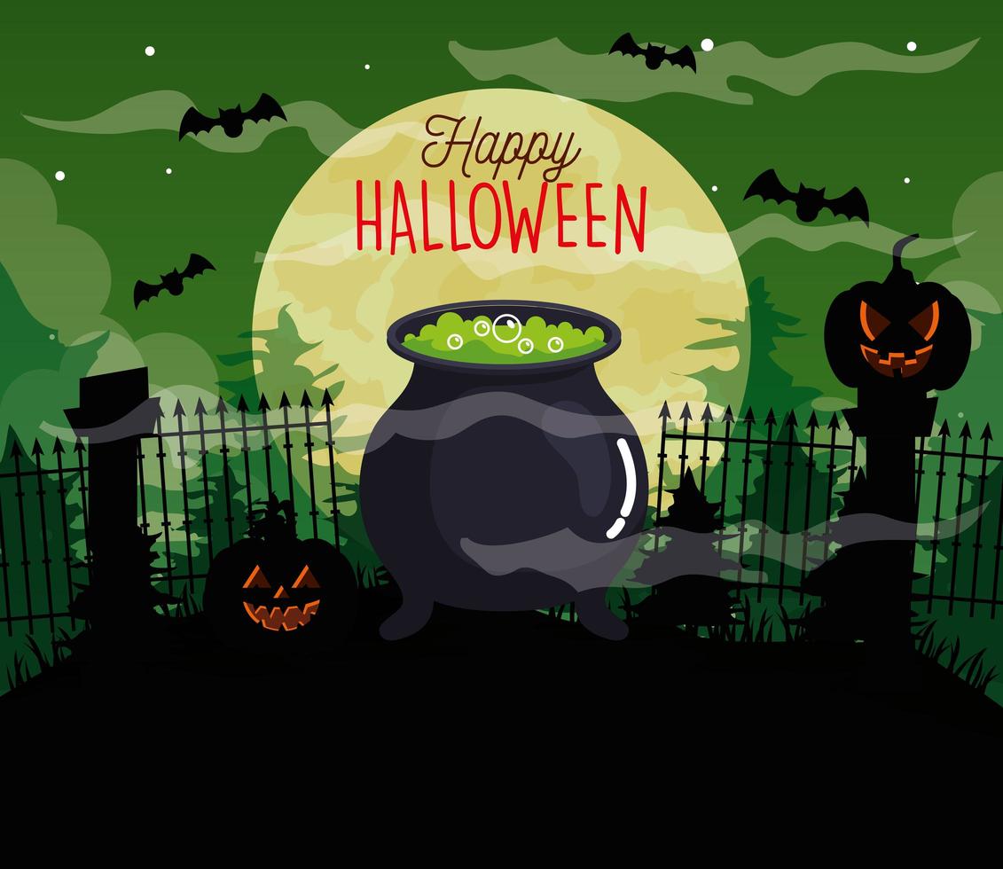 happy halloween background with pumpkins, cauldron, bats flying and full moon vector