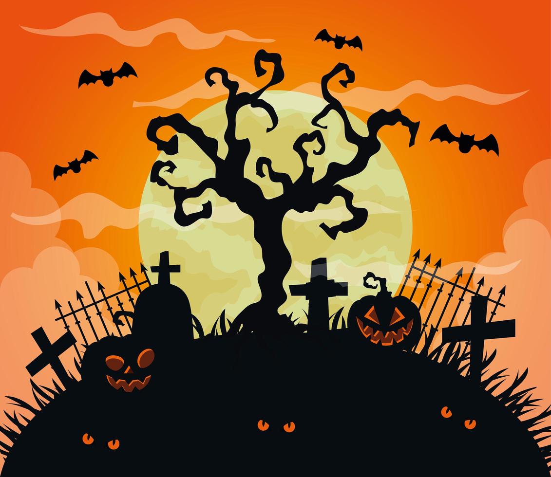 happy halloween background with pumpkins, dry tree and bats flying vector