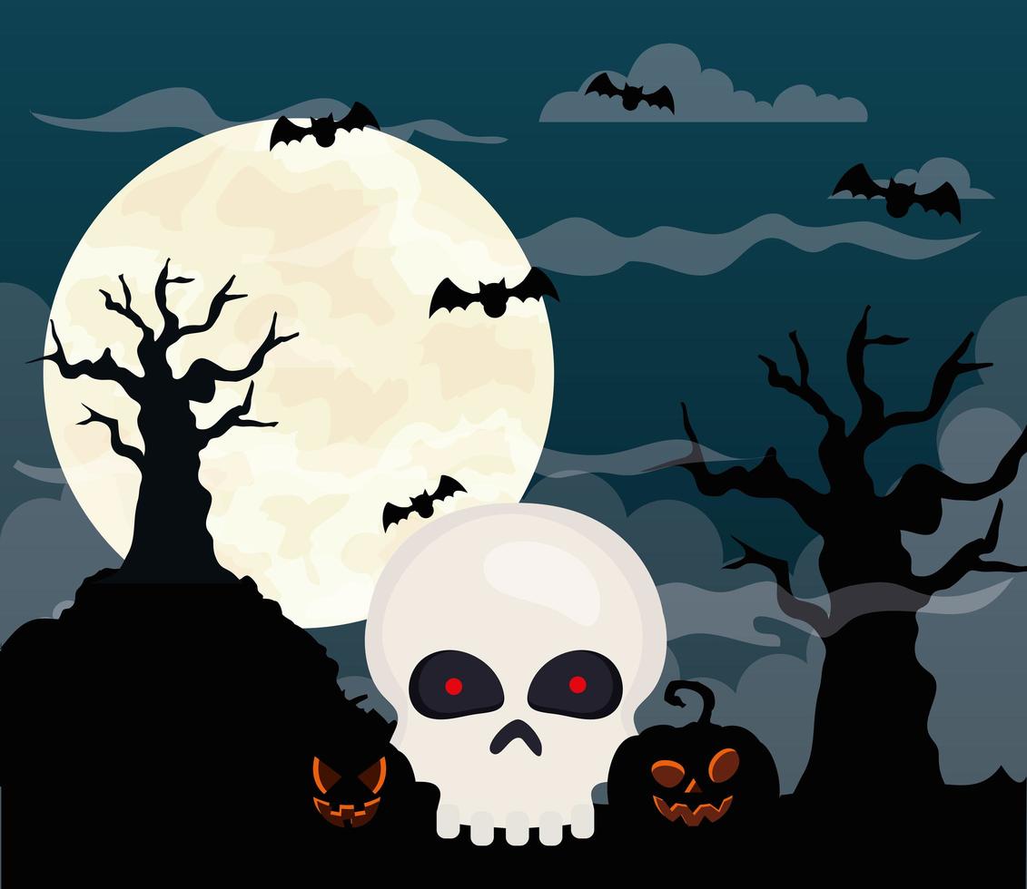 Fondo de feliz halloween con calavera, calabazas, árboles secos, murciélagos volando y luna llena vector