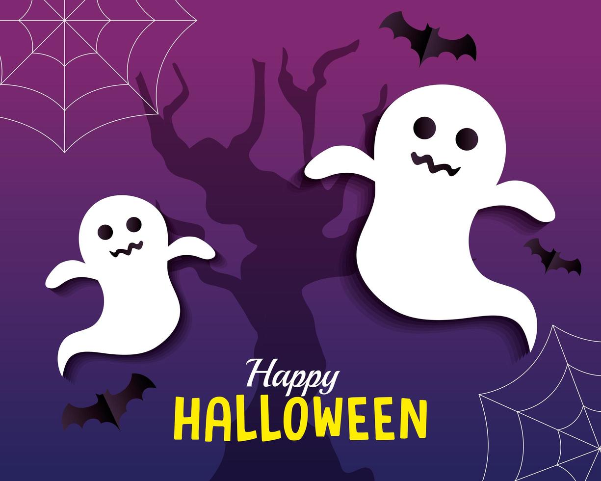 happy halloween banner, with ghosts, spiderwebs and bats flying in paper cut style vector