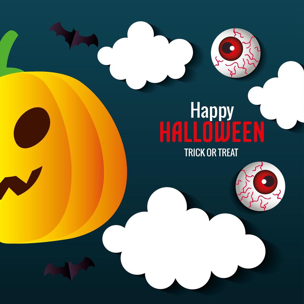 banner de feliz halloween, con calabaza, murciélagos volando y globos oculares de miedo en estilo de corte de papel vector