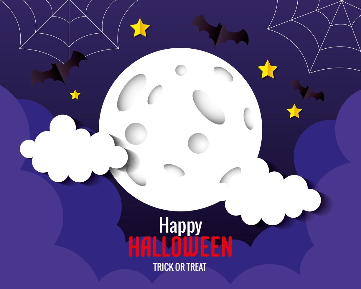 banner de feliz halloween, con murciélagos volando, luna llena, estrellas y nubes estilo de corte de papel vector