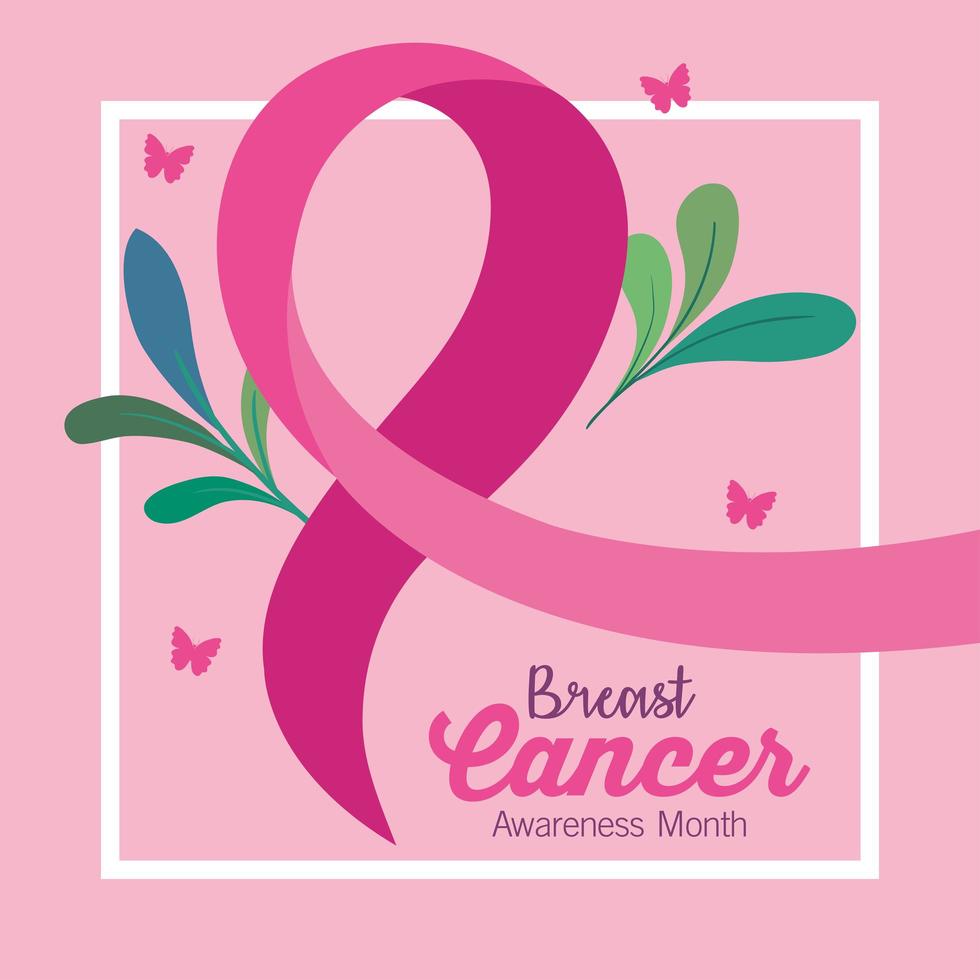 pink ribbon, symbol of world breast cancer awareness, with leaves and butterflies vector