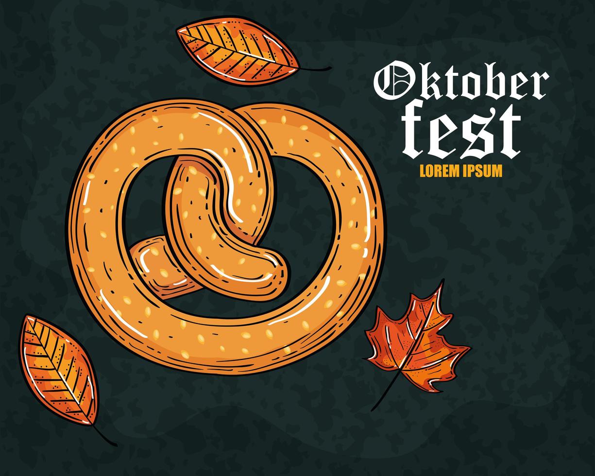 oktoberfest beer festival celebration with delicious pretzel and autumn leaves vector