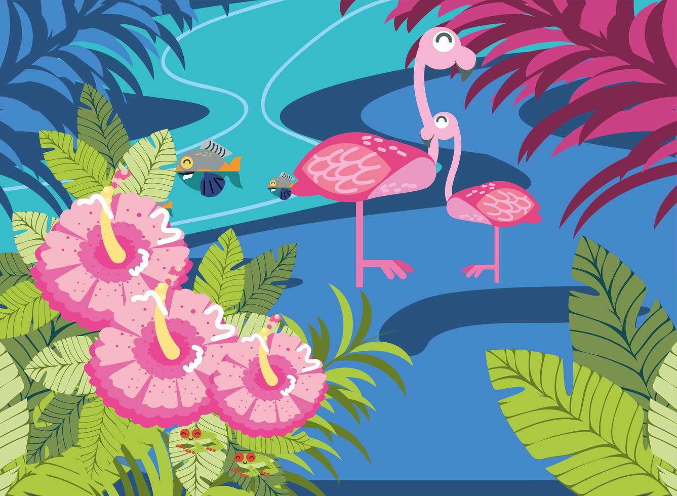 flamingo and fishes in the river vector