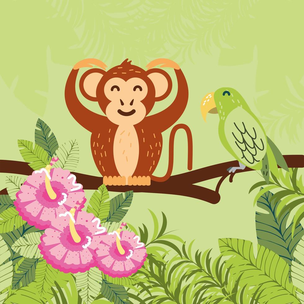 monkey, flowers and leaves vector