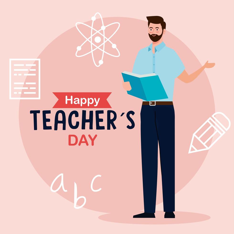 happy teachers day, and man teacher reading book with education icons vector