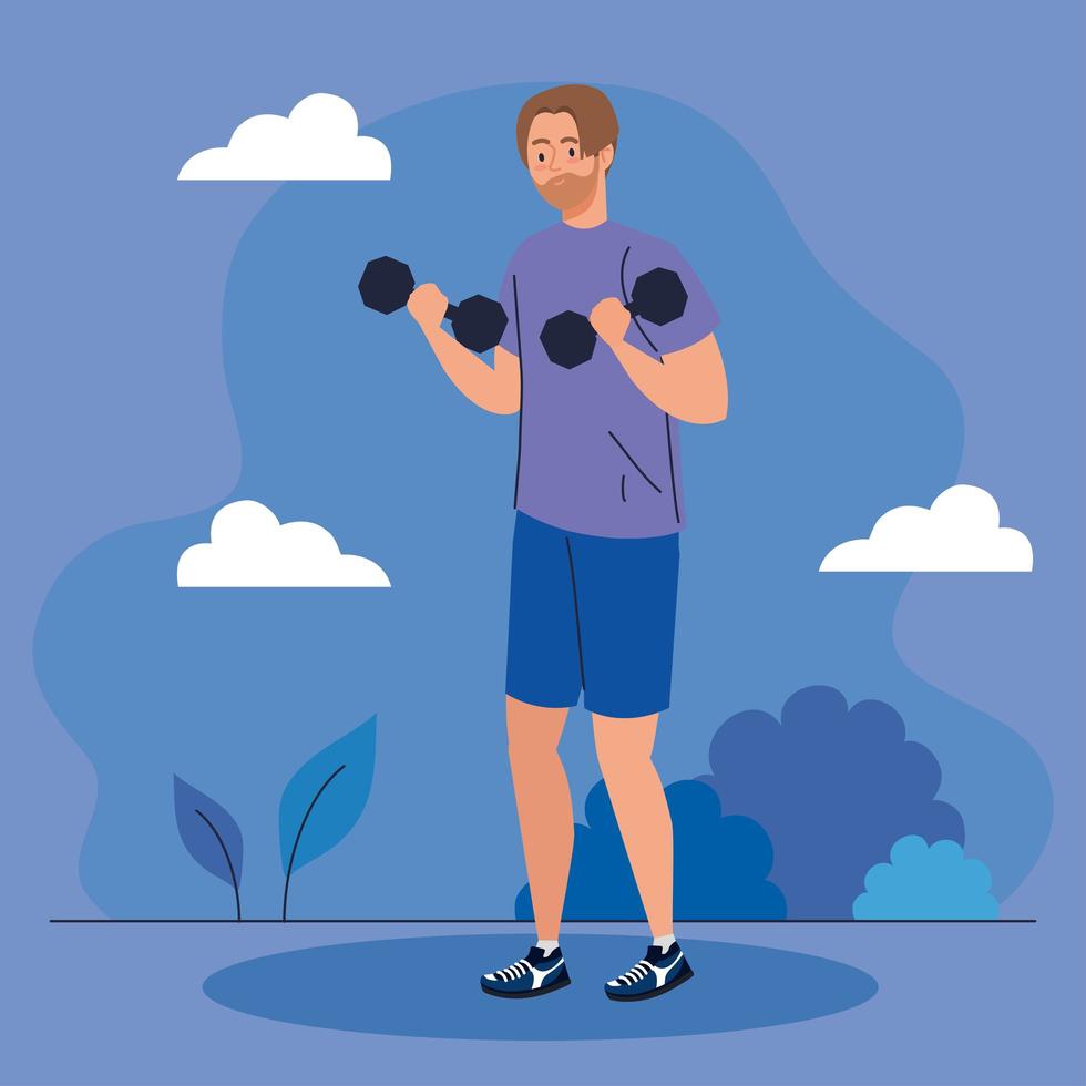 man doing exercises with dumbbells outdoor, sport recreation exercise vector